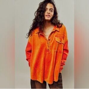 We The Free Relaxed Button-Neck Pullover in Orange